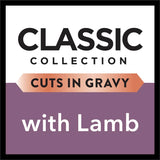 Gourmet wet cat food featuring tender lamb cuts in rich gravy, providing a luxurious dining experience for adult cats.