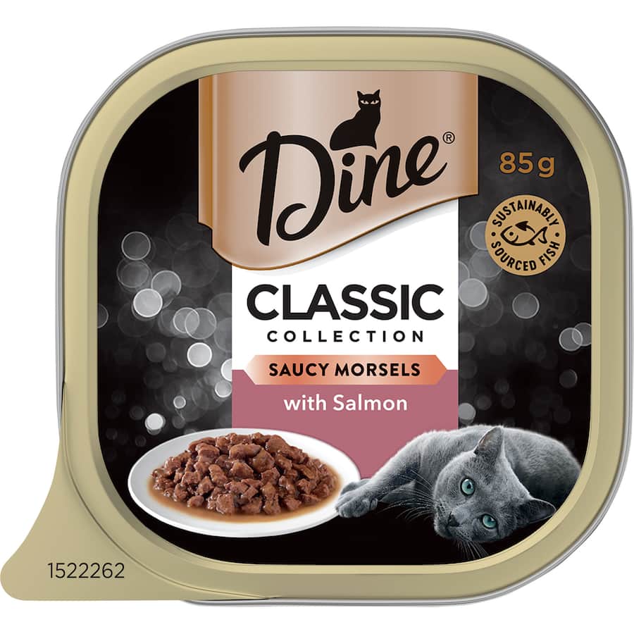 Tender salmon morsels in savory sauce, expertly crafted for a nutritious and delightful cat dining experience.
