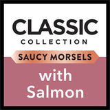 Delicious wet cat food with saucy morsels of salmon, designed for a balanced diet and tantalizing taste for cats.