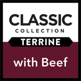 Gourmet wet cat food terrine with beef featuring tender meat pieces for adult cats, enriched with essential vitamins and minerals.