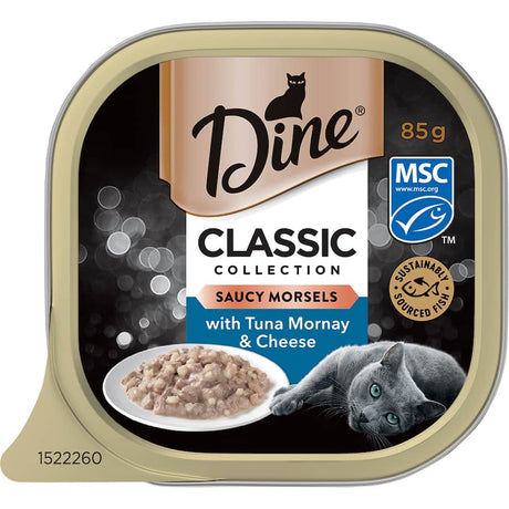 Gourmet wet cat food featuring tuna morsels in creamy mornay sauce with cheese, perfect for discerning adult and senior cats.