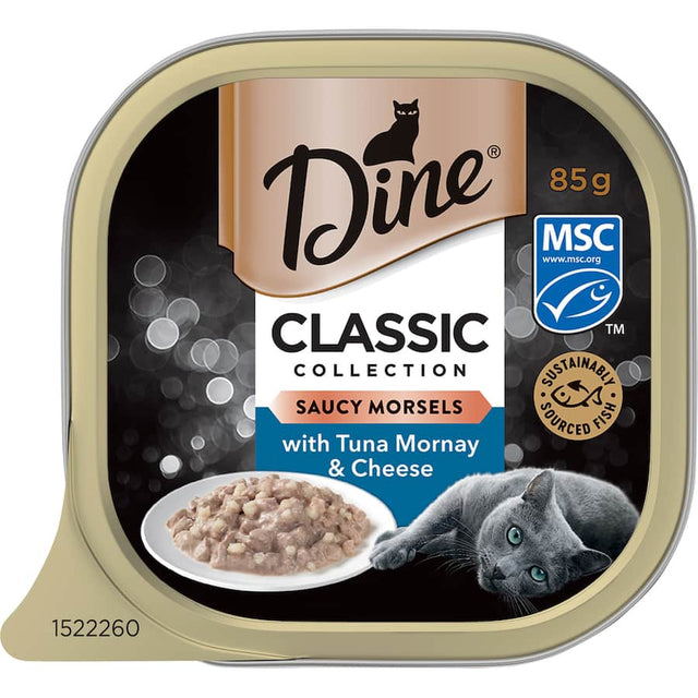 Gourmet wet cat food featuring tuna morsels in creamy mornay sauce with cheese, perfect for discerning adult and senior cats.