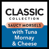Gourmet wet cat food featuring tender tuna in creamy mornay sauce with cheese, perfect for discerning adult and senior cats.