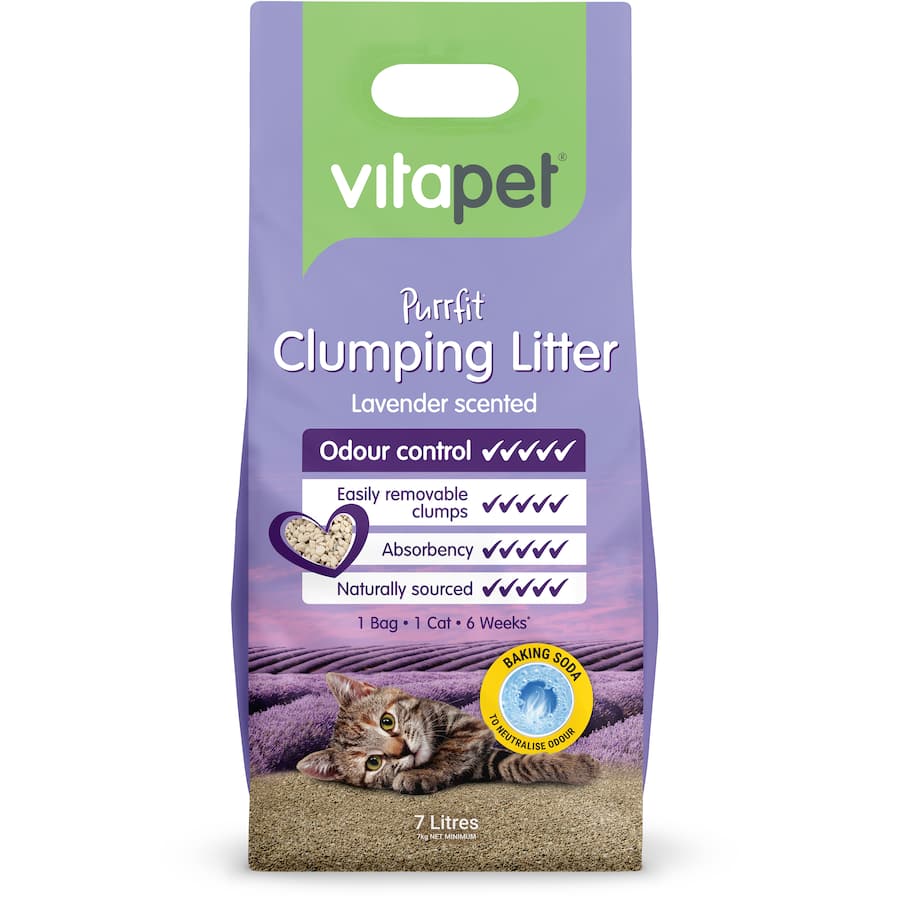 Lavender-scented clumping cat litter with baking soda for odor control, eco-friendly, biodegradable, and easy to scoop.