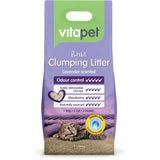 Lavender-scented clumping cat litter with baking soda for odor control, eco-friendly, biodegradable, and easy to scoop.