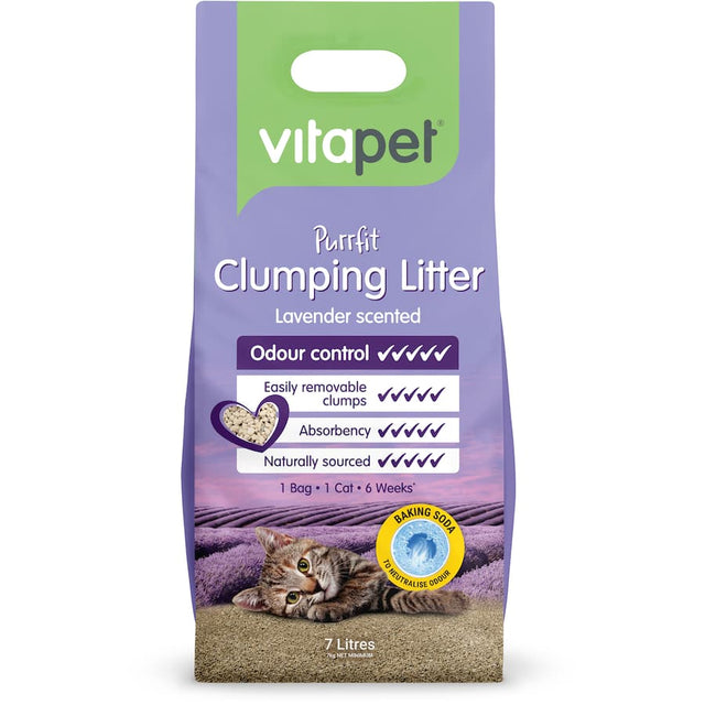 Lavender-scented clumping cat litter with baking soda for odor control, eco-friendly, biodegradable, and easy to scoop.