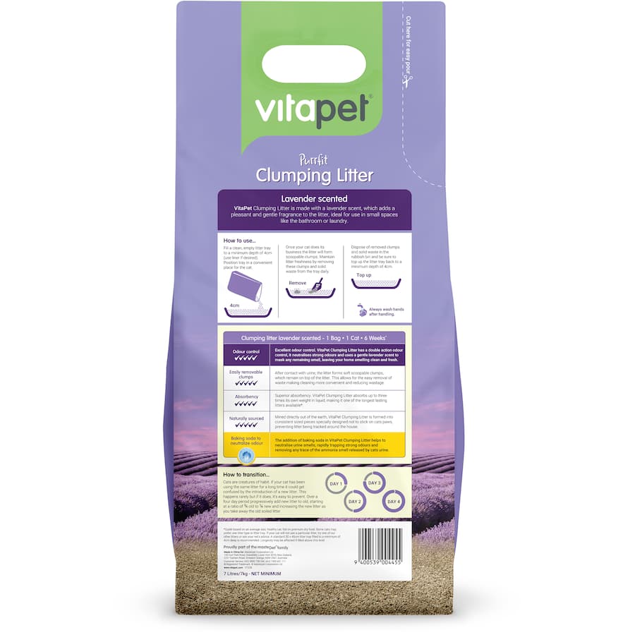 Premium lavender-scented cat litter that clumps tightly for easy scooping and effective odor control, made from natural, biodegradable ingredients.