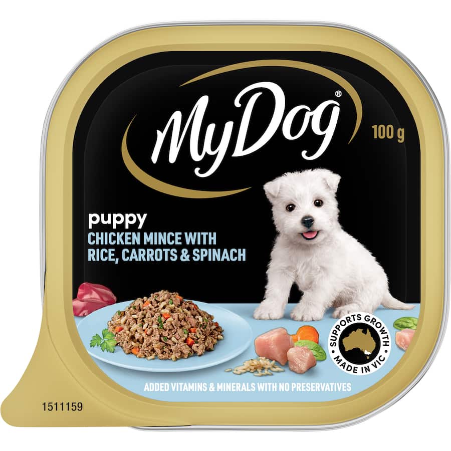 My Dog Puppy Wet Dog Food featuring chicken, rice, carrot, and spinach in a 100g tray for healthy growth and nutrition.