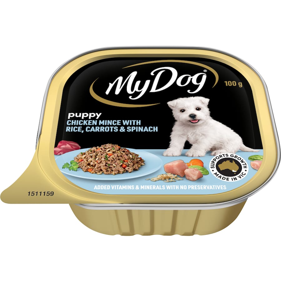 My Dog Puppy Wet Dog Food in a tray, featuring chicken, rice, carrots, and spinach for a balanced, nutritious meal.