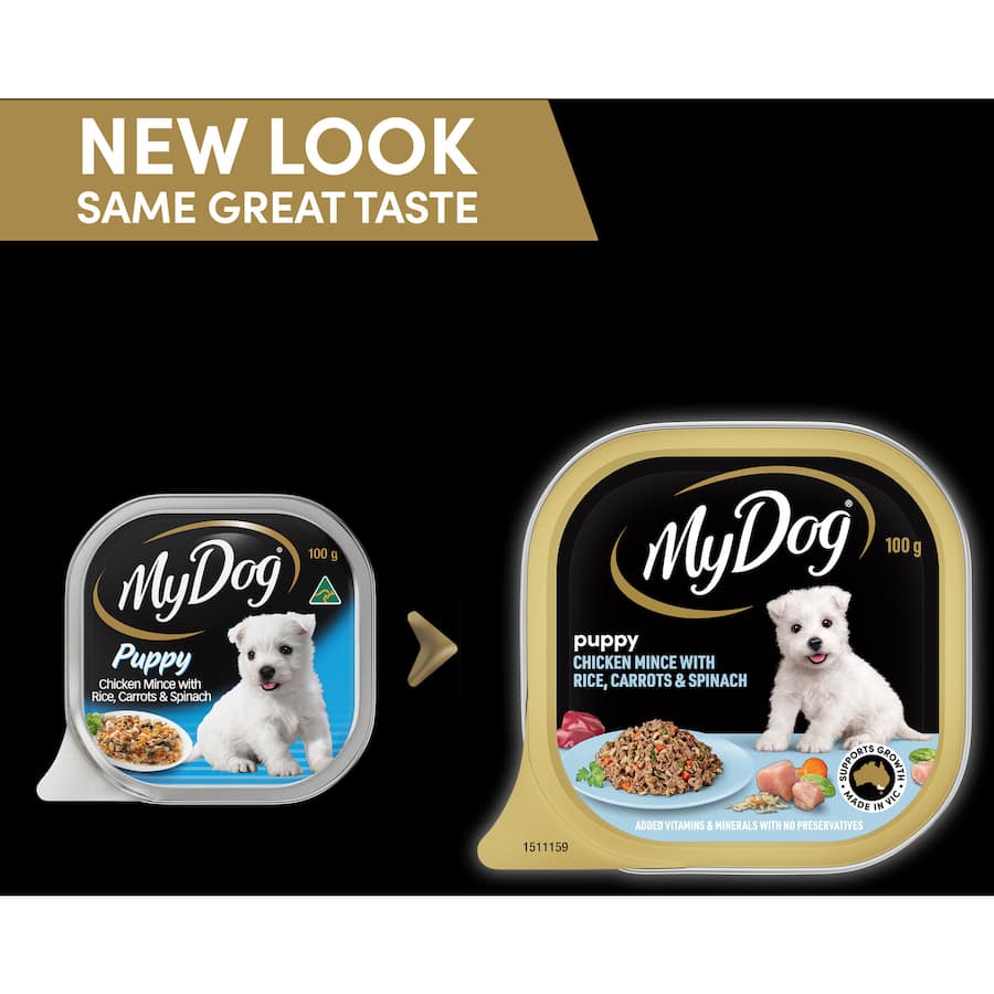 Wet puppy food in a 100g tray with chicken, rice, carrot, and spinach for balanced nutrition and growth.