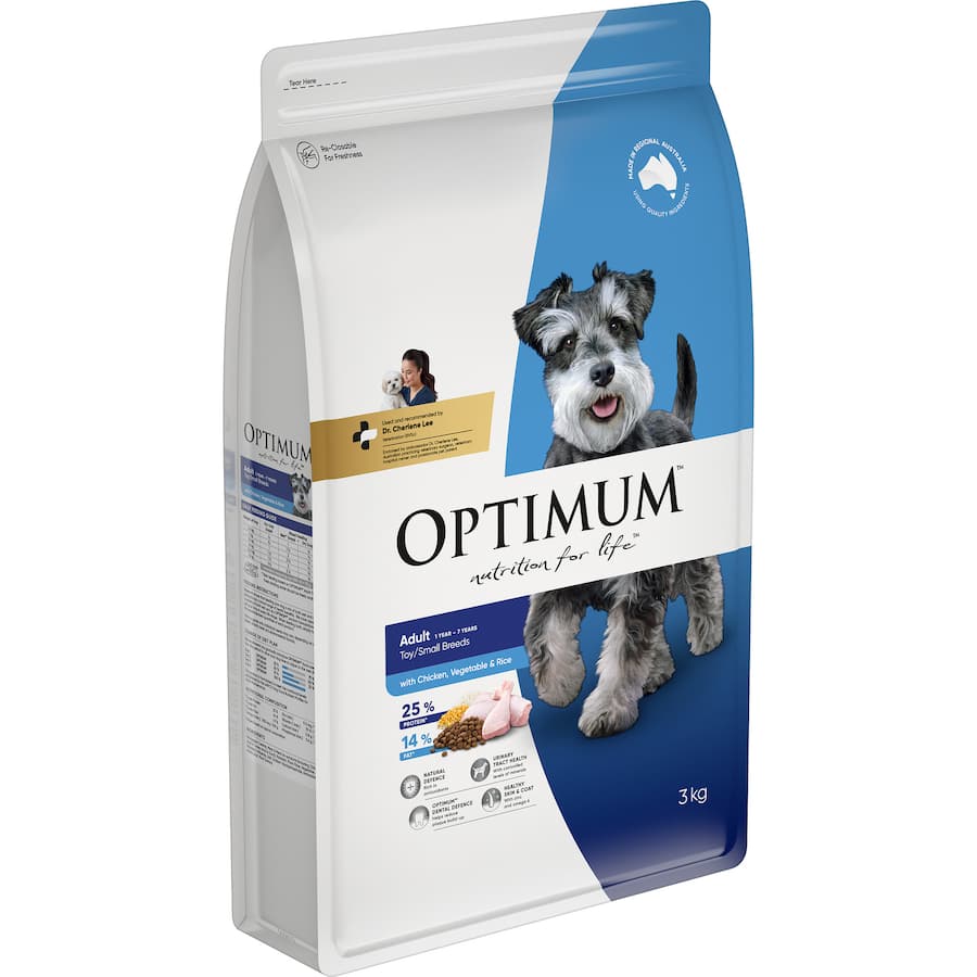 Optimum Small Breed Dry Dog Food with chicken, vegetables, and rice for complete nutrition in a 3kg bag.