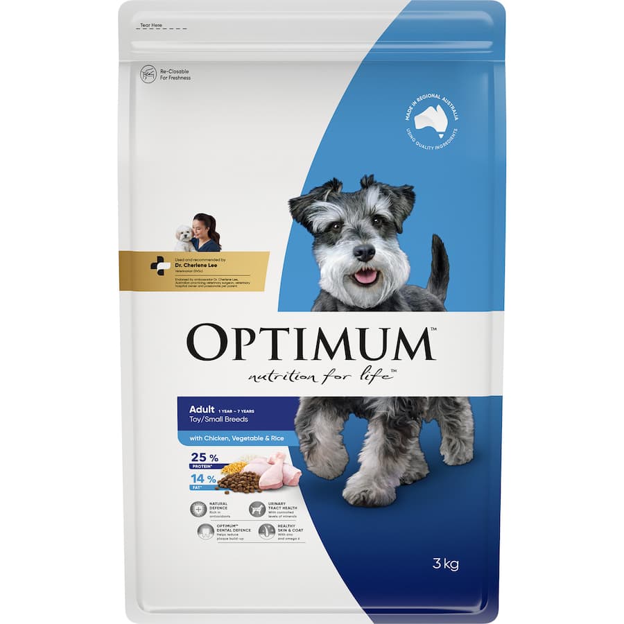 Optimum Small Breed Dry Dog Food features chicken, vegetables, and rice for complete nutrition in a 3kg bag.