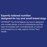 Optimum Small Breed Dry Dog Food with chicken, vegetables, and rice for balanced nutrition and healthy development in small dogs.