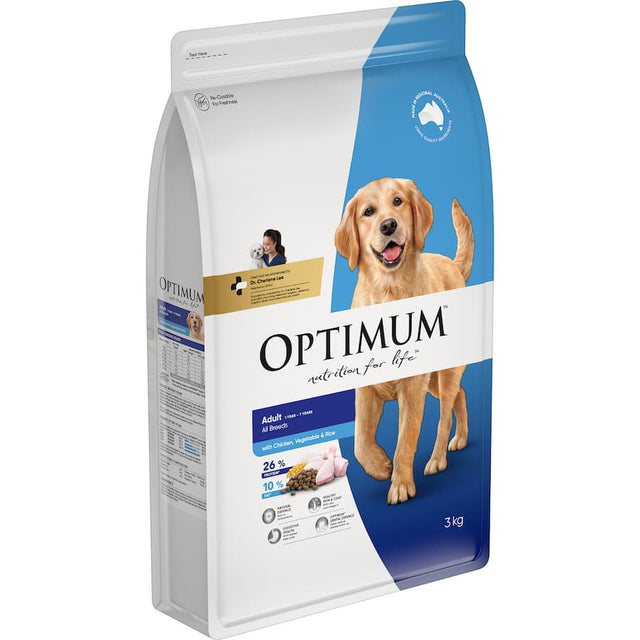 Optimum Dry Dog Food featuring chicken, vegetables, and rice for balanced nutrition and healthy digestion in dogs.