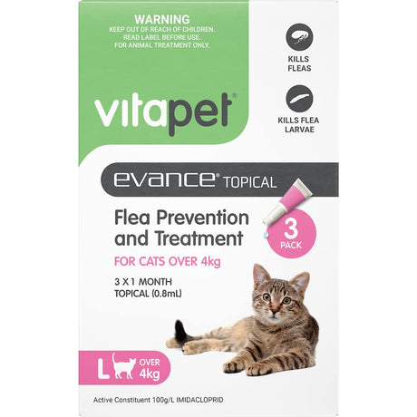 Vitapet Evance Cat Flea Treatment for cats over 4kg, offering effective flea prevention with a vet-approved formula.
