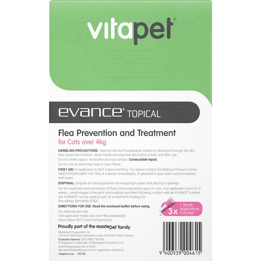 Vitapet Evance Cat Flea Treatment for cats over 4kg, ensuring effective flea prevention and comfort throughout the year.