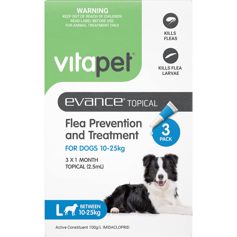 Vitapet Evance Dog Flea Treatment for medium dogs (10-25kg) with three monthly applications for comprehensive flea control.
