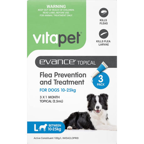 Vitapet Evance Dog Flea Treatment for medium dogs (10-25kg) with three monthly applications for comprehensive flea control.
