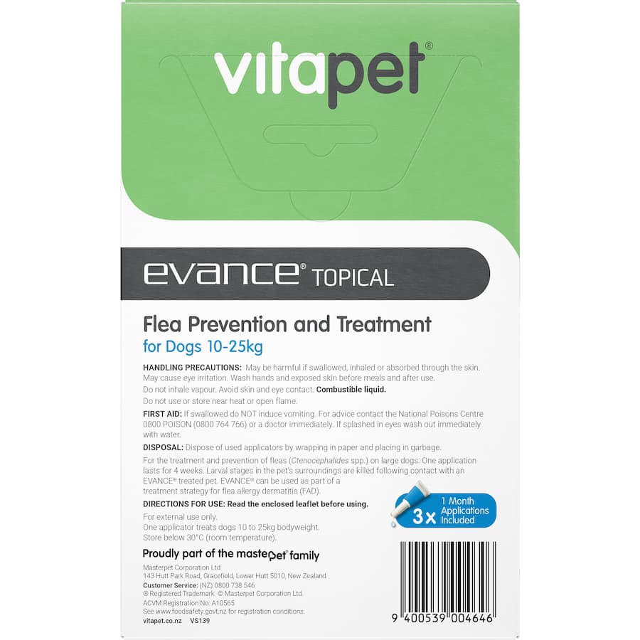 Vitapet Evance Dog Flea Treatment for 10-25kg dogs, includes three 2.5ml applications for effective flea prevention.