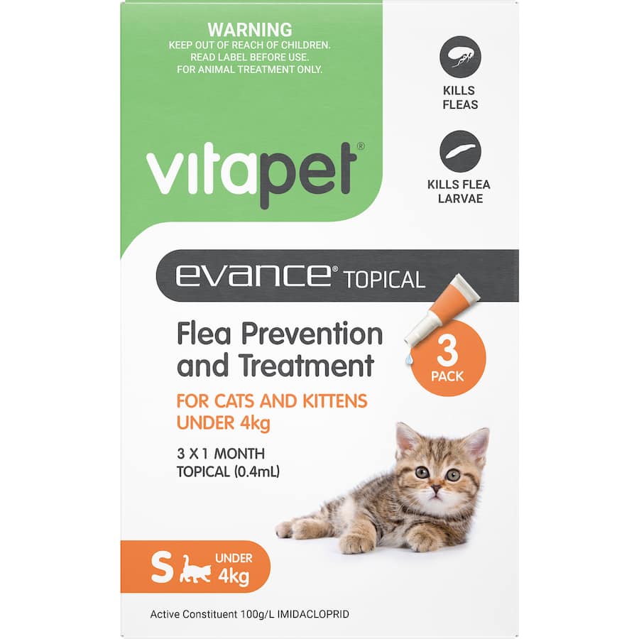 Vitapet Evance Cat Flea Treatment for cats under 4kg, includes 3 applications for effective flea prevention and treatment.