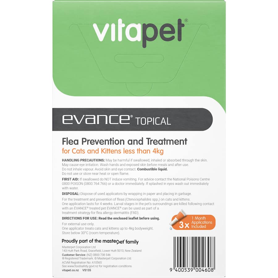 Vitapet Evance flea treatment for cats under 4kg, featuring 3 easy-to-apply doses for effective flea prevention.