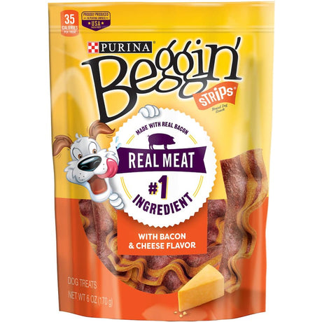 Purina Beggin Strips Dog Treats with bacon and cheese, featuring a chewy texture and real meat as the top ingredient.