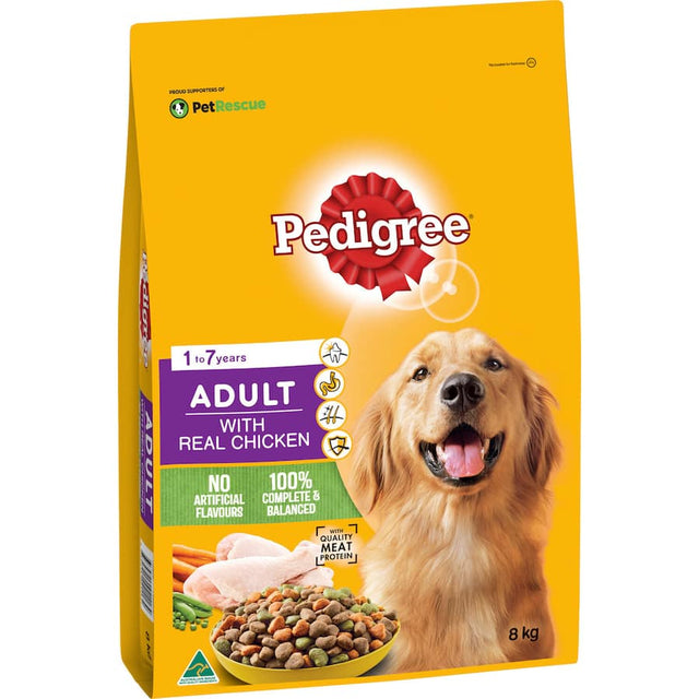 8kg bag of Pedigree Dry Dog Food with Real Chicken, enriched for strong immune support, healthy skin, digestion, and bones.