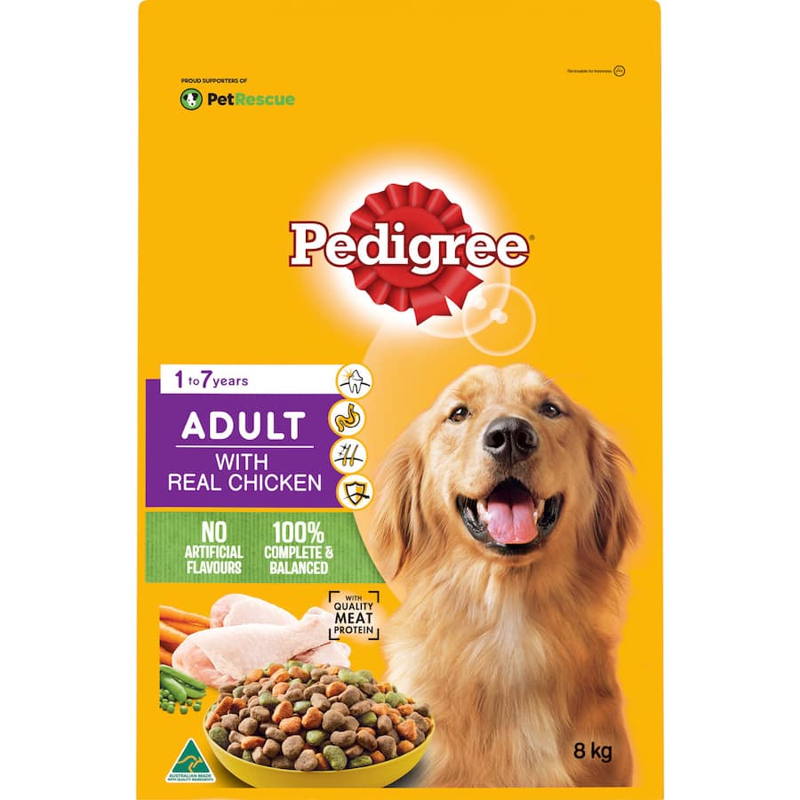 Pedigree Dry Dog Food with Real Chicken, 8kg, promotes health with nutrients for strong immune system, healthy skin, and digestion.