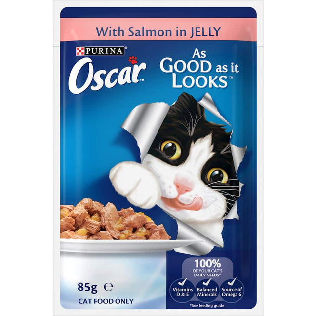 Succulent salmon pieces in jelly, providing premium nutrition and flavor for your cat's mealtime delight.