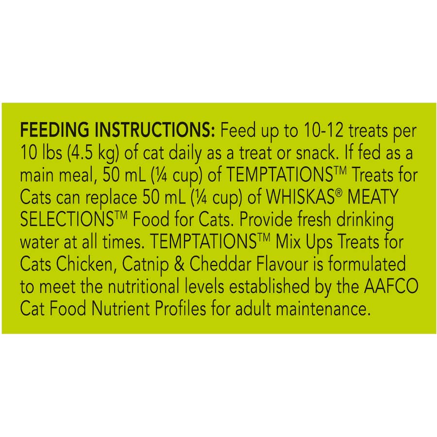 Temptations Cat Treats in Chicken, Catnip, and Cheddar flavors, featuring a crunchy shell and soft center, in a resealable pouch.