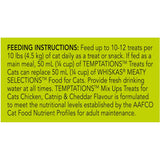 Temptations Cat Treats in Chicken, Catnip, and Cheddar flavors, featuring a crunchy shell and soft center, in a resealable pouch.