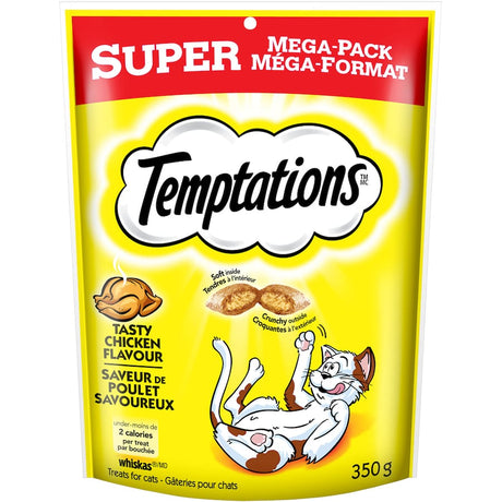 Temptations Mega Cat Treats in Tasty Chicken flavor, featuring crunchy shells and soft centers, perfect for pampering cats.