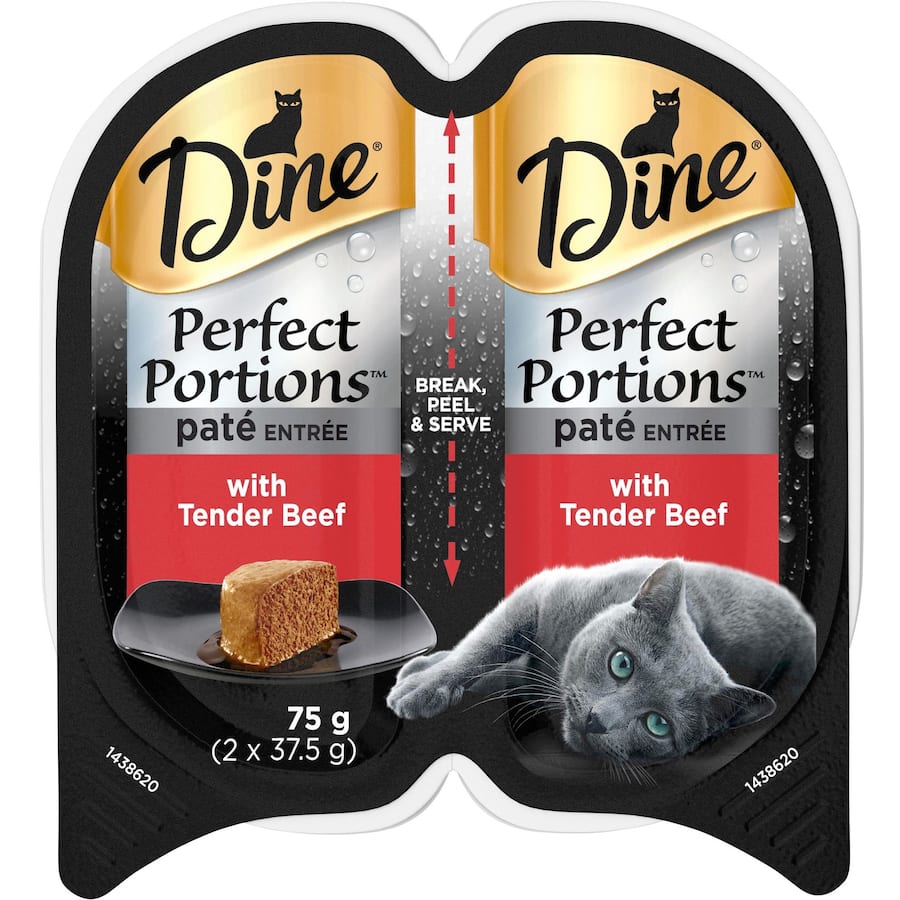 Gourmet 37.5g tray of Dine Perfect Portions wet cat food pate with tender beef, nutritious, and grain-free for all ages.