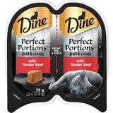 Gourmet 37.5g tray of Dine Perfect Portions wet cat food pate with tender beef, nutritious, and grain-free for all ages.