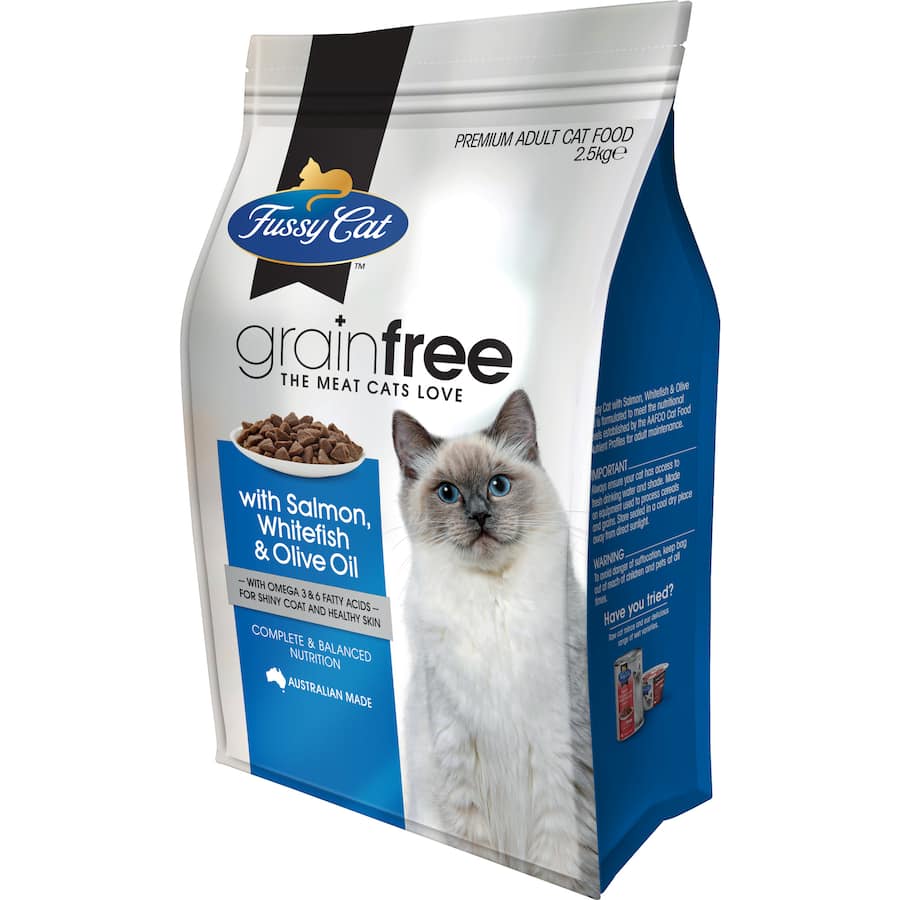 Fussy Cat Grain Free Dry Food with salmon and fish oil, high in protein for healthy digestion and shiny coat.