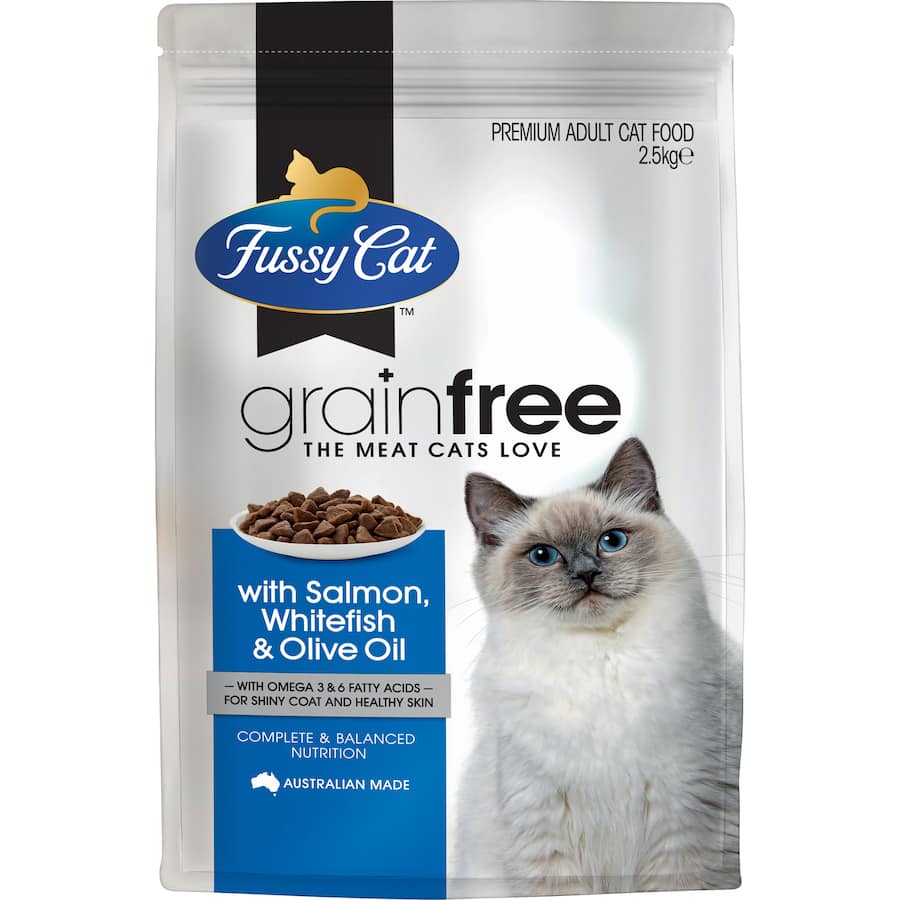 Dry cat food featuring salmon and fish oil, grain-free for sensitive stomachs, high protein, and promotes healthy skin and coat.