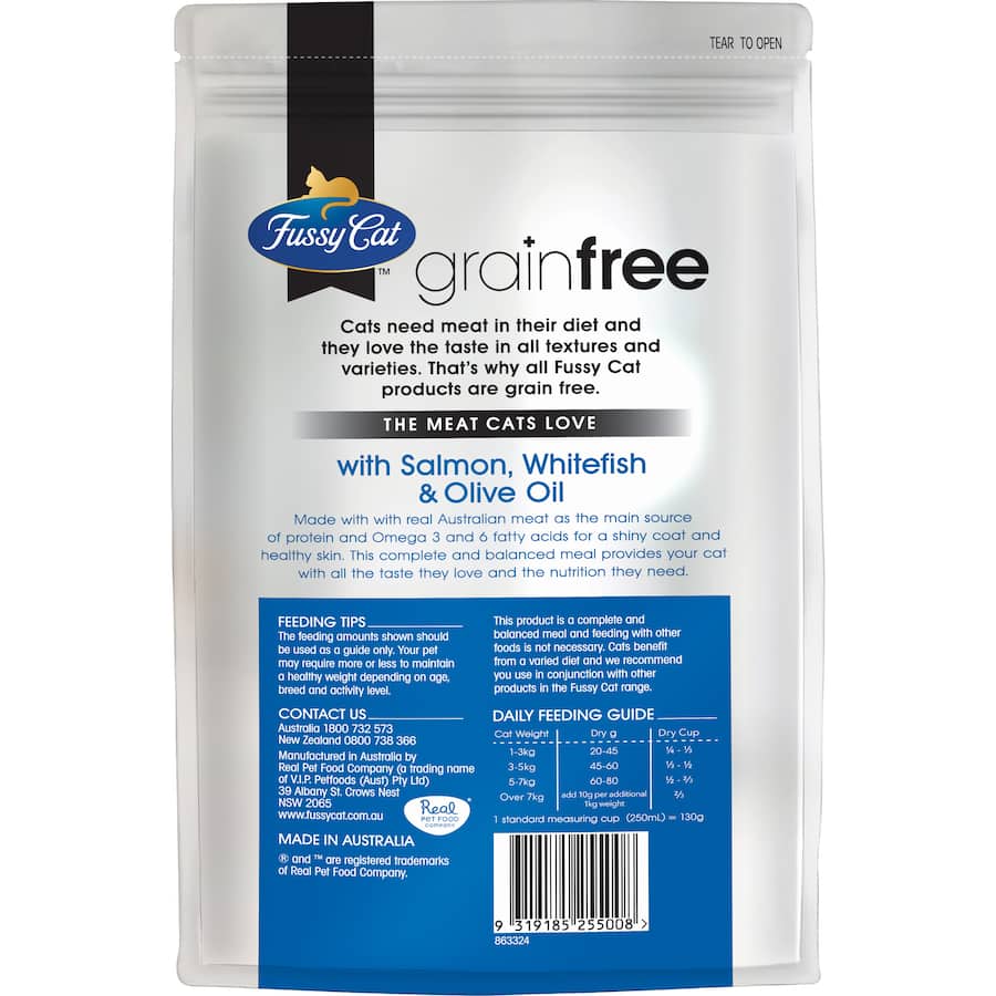 Fussy Cat Grain Free Dry Cat Food features salmon and fish oil, packed with 36% protein for optimized feline health and nutrition.
