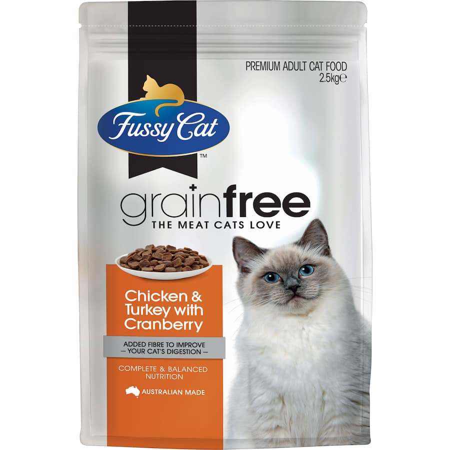 Fussy Cat Grain Free Dry Food with Chicken, Turkey, and Cranberry for a high-protein, grain-free feline diet.