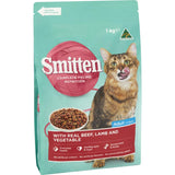 Premium dry cat food with beef, lamb, and vegetables, promoting health with essential nutrients and no artificial additives.
