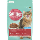 Smitten Dry Cat Food with Beef, Lamb & Vegetables offers premium nutrition for energetic cats, supporting health and vitality.