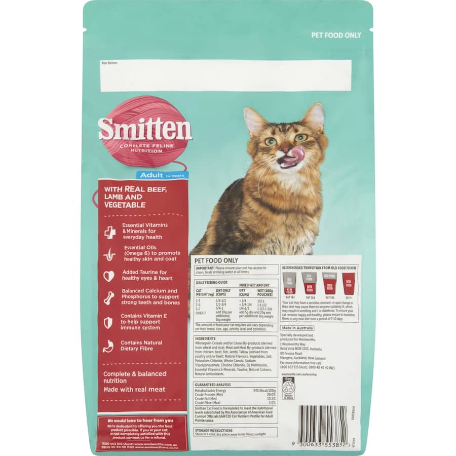 Smitten Dry Cat Food featuring beef, lamb, and vegetables for balanced nutrition and vibrant health in cats.