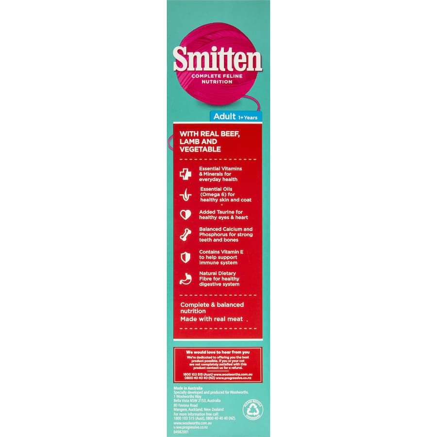 Smitten Dry Cat Food features beef, lamb, and vegetables for balanced nutrition, promoting health and vitality in cats.