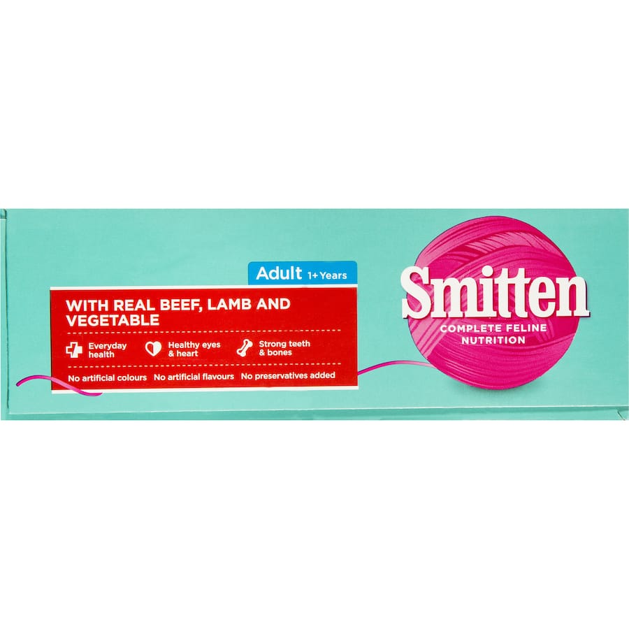 Smitten Dry Cat Food featuring beef, lamb, and vegetables for balanced nutrition, healthy skin, and energetic cats.