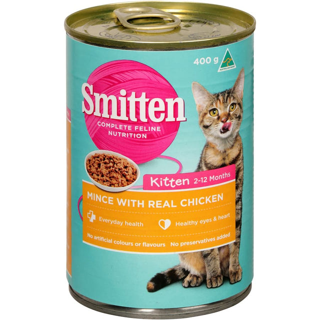 Smitten Kitten Chicken Mince wet cat food offers nutritious, tasty meals with essential vitamins for healthy cats.