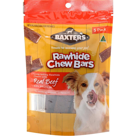 Baxters Beef Rawhide Chew Bars for dogs, made from real beef, promoting dental health and satisfying chewing instincts.