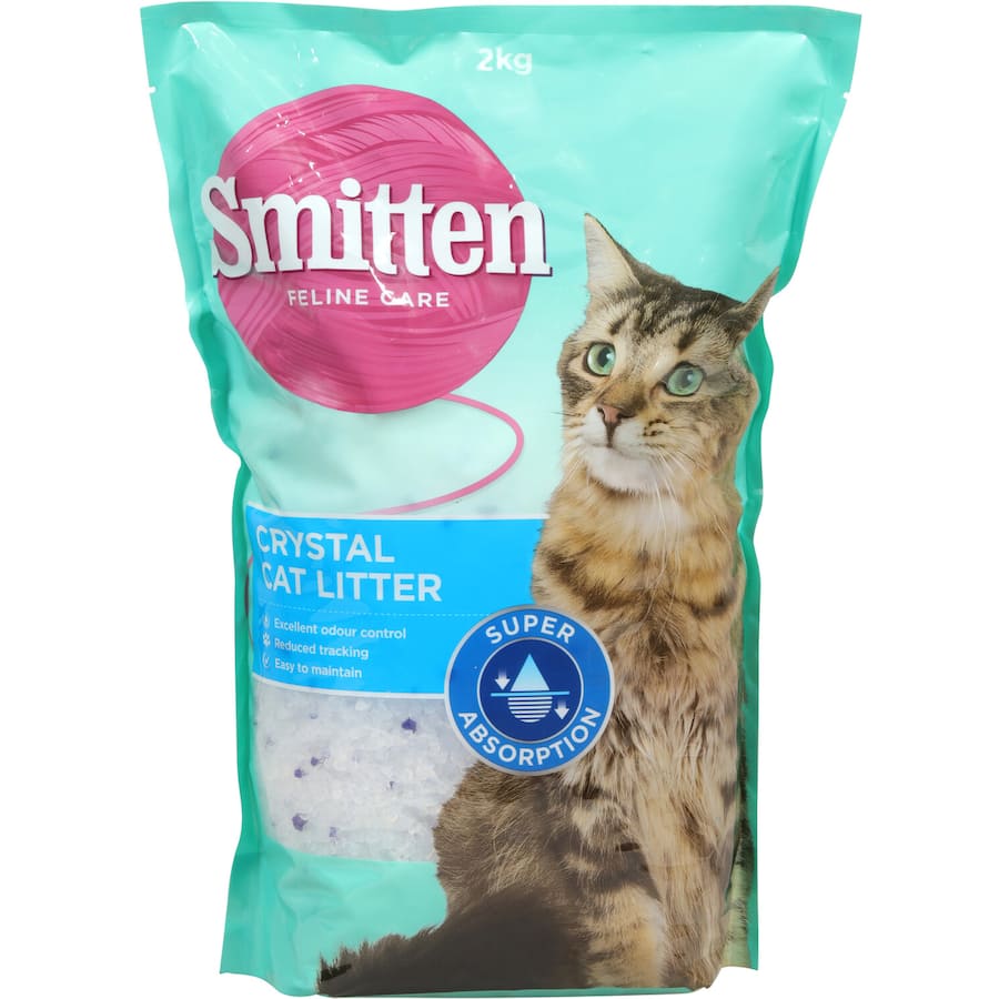 Smitten Cat Litter Crystals in a bag, featuring high absorbency, odor control, and reduced tracking for clean homes.