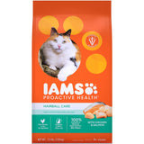 Iams Dry Cat Food featuring chicken and salmon, designed for hairball control and digestive health in cats.