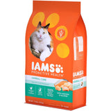 Iams Dry Cat Food with chicken and salmon, designed for hairball control and digestive health in indoor and outdoor cats.