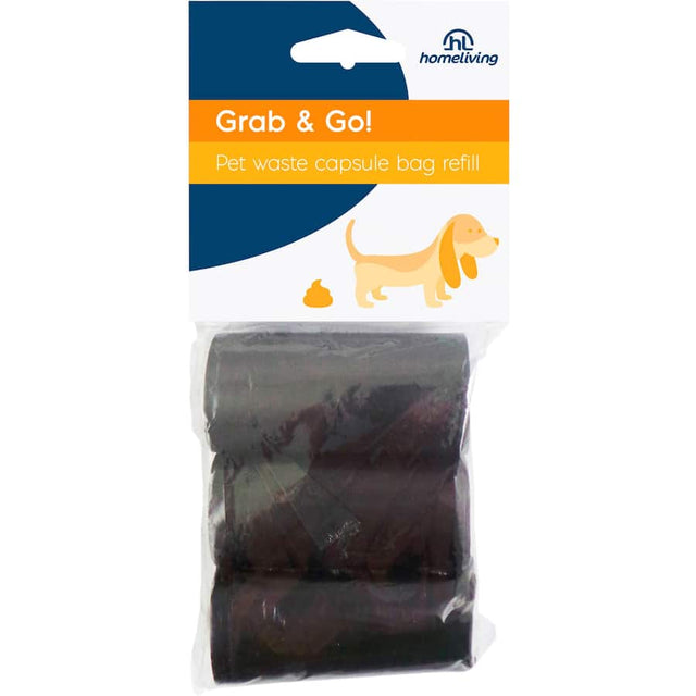 Homeliving Pet Waste Bags Grab & Go in black, eco-friendly, compact packs with 60 durable bags for hygienic pet waste disposal.