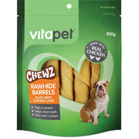 Vitapet Chewz Dog Treats feature chicken liver and rawhide, high in protein, low in fat, supporting dental health and chewing satisfaction.